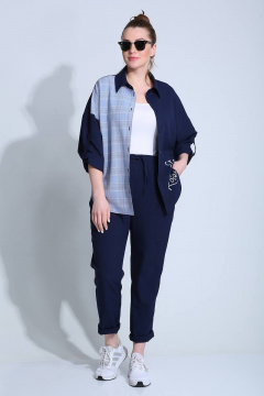 Демисезонный женский комплект рубашка и брюки в клетку Liona Style 790 темно-синий - фото 3