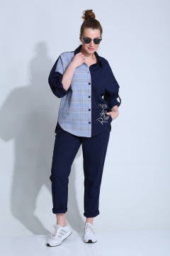 Демисезонный женский комплект рубашка и брюки в клетку Liona Style 790 темно-синий - фото 2