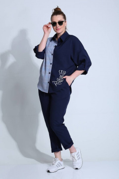 Демисезонный женский комплект рубашка и брюки в клетку Liona Style 790 темно-синий - фото 1