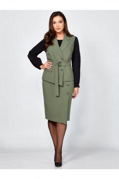 Блуза, жилет, юбка Мишель стиль 1302 хаки-черный - фото 1