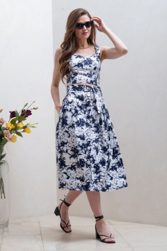 Юбка миди из хлопка с складками и боковыми карманами Condra 12072 белый-синий - фото 1