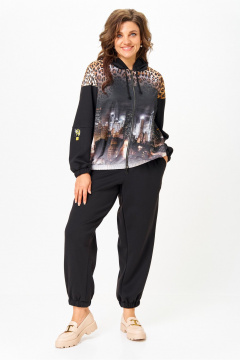 Костюм спортивный брюки куртка больших размеров Solomeya Lux 946/449 черный+леопардовый_принт - фото 1