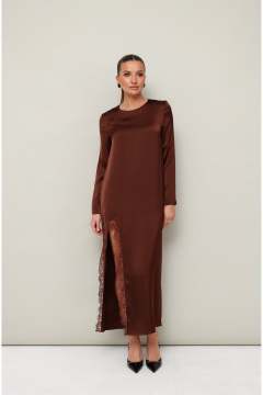 Коричневое платье с разрезом и кружевной отделкой PUR PUR 11-329/1 - фото 3