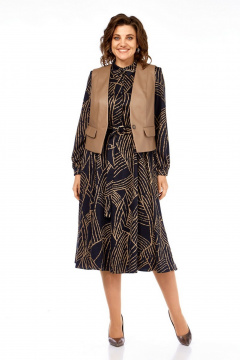 Жилет, платье Милора-стиль 1380/1 черный+капучино_листья - фото 1
