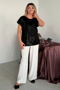 Нарядный черный топ с пайетками и гипюром на эластичной ткани LindaLux 1-194/1 пайетки - фото 3