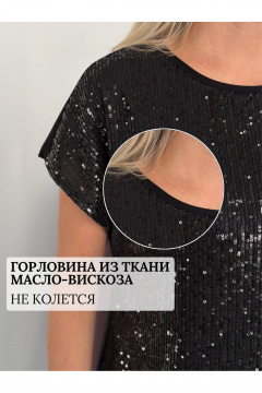 Нарядный черный топ с пайетками и гипюром на эластичной ткани LindaLux 1-194/1 пайетки - фото 4