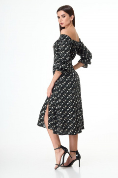 Платье с ярусами и рукавами крылышками из хлопка Anelli 1040 черный_цветы - фото 4