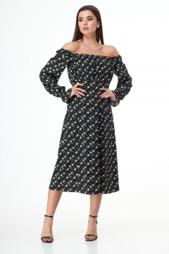 Платье с ярусами и рукавами крылышками из хлопка Anelli 1040 черный_цветы - фото 2