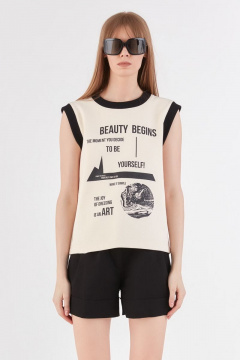 Бежевый трикотажный хлопковая блуза на каждый день Lakbi 52318 - фото 1