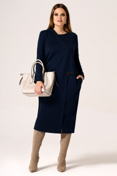 Платье с асимметричным вырезом и складками из вискозы и трикотажа Панда 22180z темно-синий - фото 1