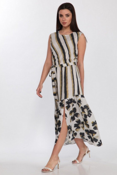 Платье из вискозы с асимметричным воланом и поясом Faufilure C1186  цветы - фото 5
