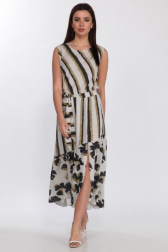 Платье из вискозы с асимметричным воланом и поясом Faufilure C1186  цветы - фото 3
