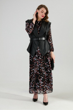 Жилет, платье, ремень NikVa 1021-1 листья мультиколор и чёрный - фото 2