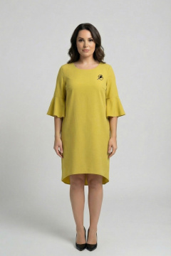 Зеленое платье из вискозы и льна с разрезами и воланом Swallow 680 оливково-горчичный - фото 2