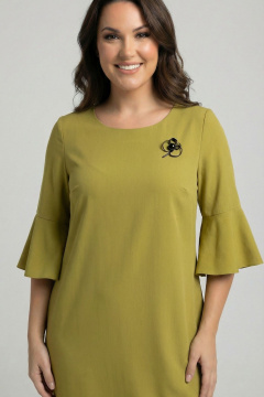 Зеленое платье из вискозы и льна с разрезами и воланом Swallow 680 оливково-горчичный - фото 3