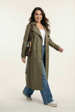 Зеленый тренч из экокожи для демисезона AURA otd 7036 олива - фото 5