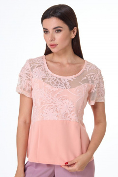 Блуза с кружевным полотном и коротким рукавом, лето Anelli 830 пудра - фото 1