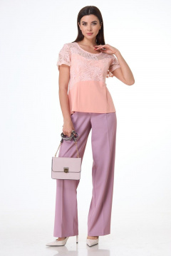 Блуза с кружевным полотном и коротким рукавом, лето Anelli 830 пудра - фото 2