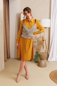 Жилет, платье, пояс AMORI 7100 горчица+клетка - фото 2