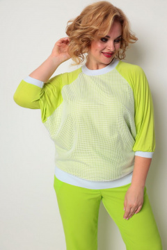 Джемпер свободный из трикотажа с сеткой и рукавом летучая мышь Michel chic 759 салатовый - фото 1