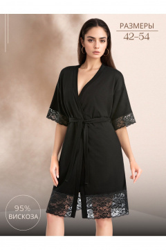 Пеньюар миди с кружевной отделкой и запахом для дома Teyli 2901/170,176 черный - фото 1
