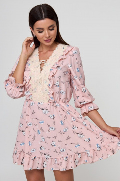 Платье стиль беби-долл с рюшей и кружевной отделкой Anelli 1023 пудра_цветы - фото 3