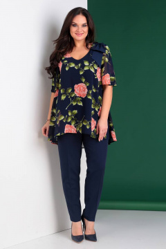 Классический комплект туника и брюки из текстиля Liona Style 673 синий - фото 1