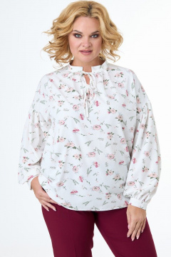 Блуза белая мультиколор с длинными рукавами и романтичным принтом Anelli 1079 молочный - фото 1