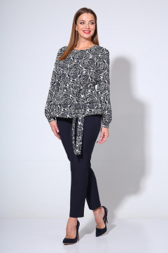 Комплект блуза и брюки с баской и съемным поясом деловой Liona Style 763 цветы_синий - фото 1