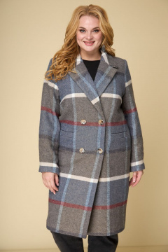 Пальто двубортное прямого силуэта на каждый день БелЭльСтиль 855-1 26 22  клетка+синий - фото 1