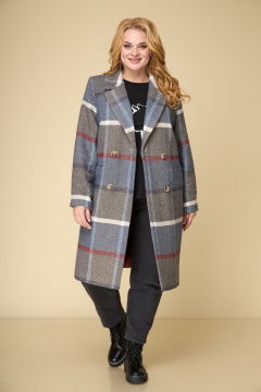 Пальто двубортное прямого силуэта на каждый день БелЭльСтиль 855-1 26 22  клетка+синий - фото 2