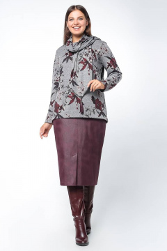 Демисезонный трикотажный джемпер трапециевидного силуэта с шарфом La rouge 3178 серый-(цветы) - фото 2