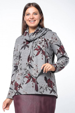 Демисезонный трикотажный джемпер трапециевидного силуэта с шарфом La rouge 3178 серый-(цветы) - фото 1
