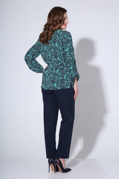Комплект блуза и брюки с разрезами и съемным поясом Liona Style 811 бирюза/синий - фото 3