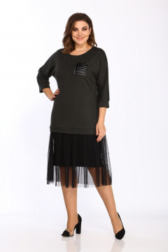 Платье прямое из трикотажа и шифона с боковыми разрезами Lady Style Classic 1457/2 хаки_черный - фото 1