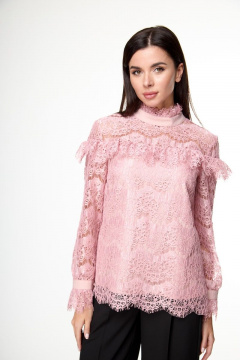 Блуза розовая из кружева с воланами и классическими элементами Anelli 933 пепельная_роза - фото 1