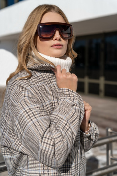 Бежевое демисезонное пальто из текстиля в стиле повседневный Elema 6-12041-1-164 голубая_клетка - фото 3