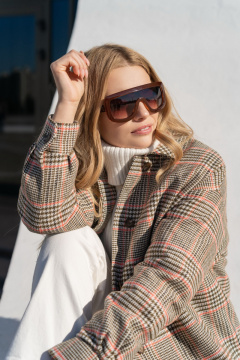 Демисезонное текстильное пальто на каждый день Elema 6-12041-1-164 коралловая_клетка - фото 2