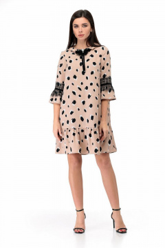 Свободное платье из вискозы с воланом, украшенным бусинами и кружевом Мишель стиль 927 бежево-черный - фото 1