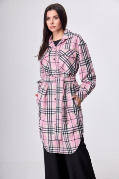Рубашка пальтовая клетка миди с поясом и карманами Anelli 935 розовая_клетка - фото 3