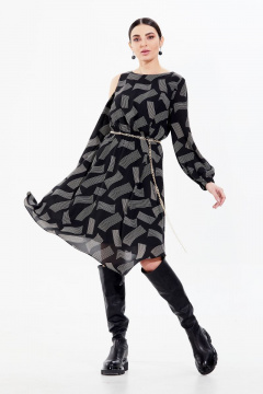 Платье из шифона с оригинальным принтом и асимметричным низом Condra 4270 черный - фото 1