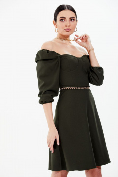 Платье мини из крепа с объемными рукавами и поясом с цепью Condra 4348 темный_оливковый - фото 5