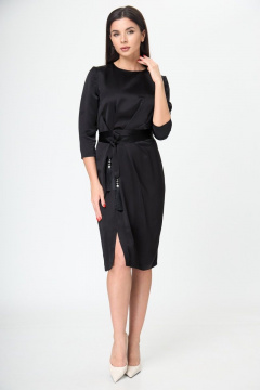 Маленькое черное платье с поясом и складками Anelli 785 черный_текстиль - фото 1