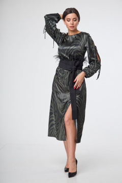 Длинное прямое платье с разрезом и длинным рукавом Anelli 1212 зеленая_зебра - фото 2