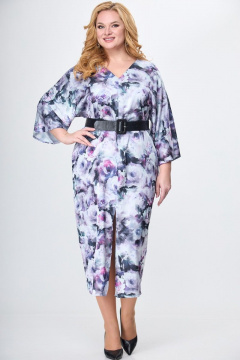 Вискозное платье с принтом шелка с разрезом и V-горловиной Anelli 1153 серый_пионы - фото 2