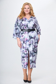 Вискозное платье с принтом шелка с разрезом и V-горловиной Anelli 1153 серый_пионы - фото 1