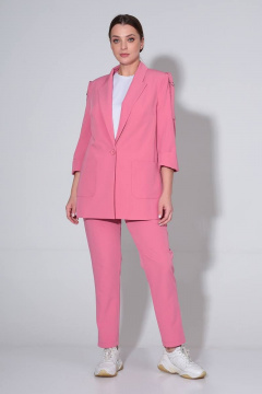 Демисезонный комплект из текстиля с прямым жакетом и брюками Liona Style 823 розовый - фото 1