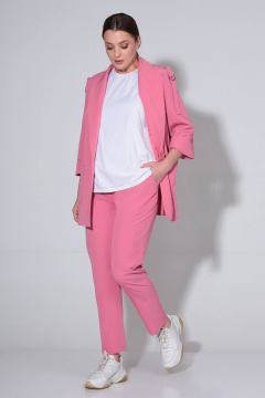 Демисезонный комплект из текстиля с прямым жакетом и брюками Liona Style 823 розовый - фото 2