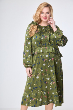 Платье миди из принтованной ткани с рюшами и воланом Anelli 1097 зеленый - фото 2