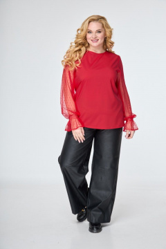Прямая блуза с воланом в мелкий горошек и круглым вырезом Anelli 1199 красный - фото 2